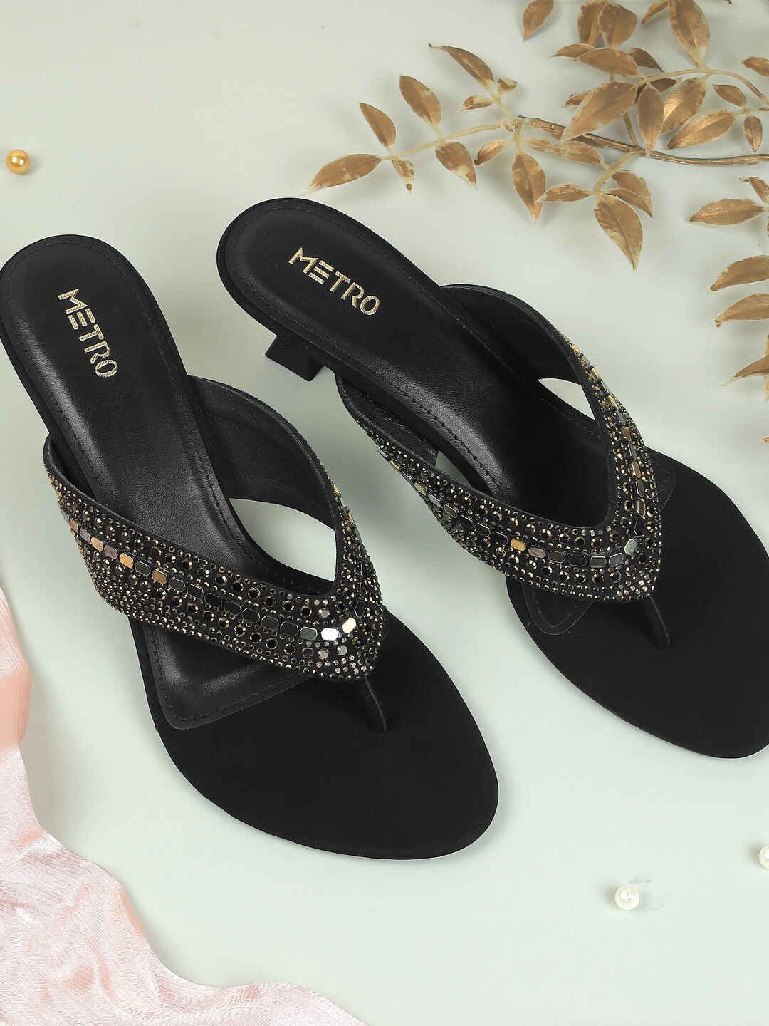 

Metro Women Embellished Kitten Heel Sandals, Black