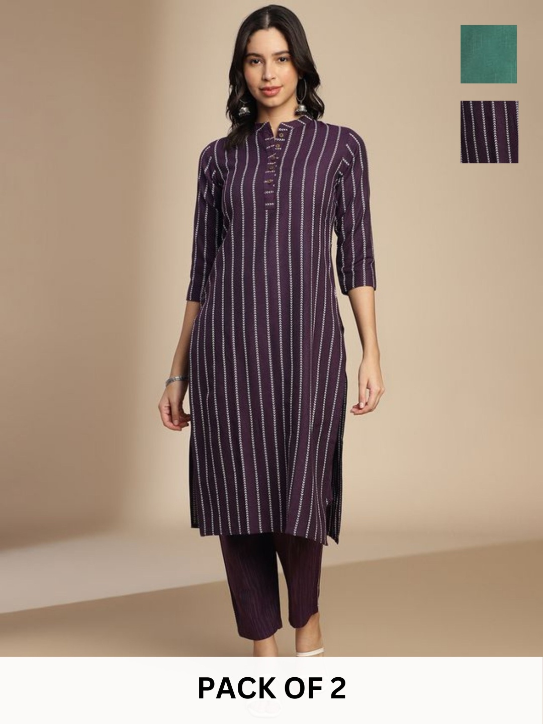 

KALINI Selection Of 2 Striped Round Neck Straight Kurtas, Violet