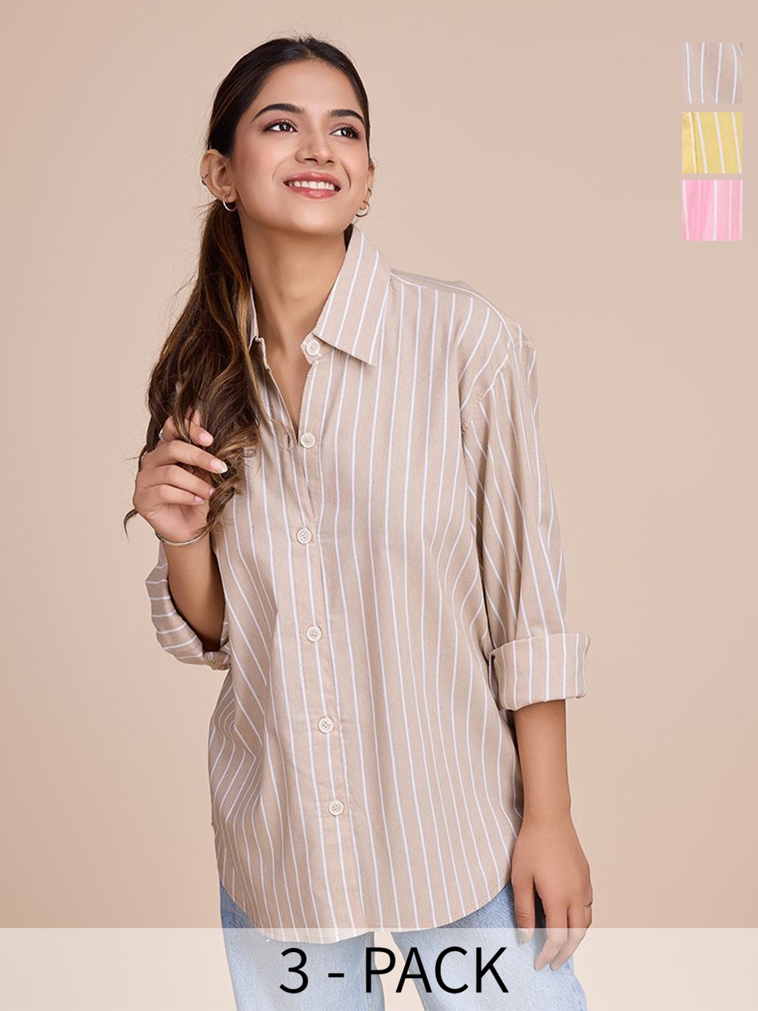 

HOUSE OF MIRA Women Pack Of 3 Classic Oversized Fit Vertical Striped Cotton Casual Shirts, Beige