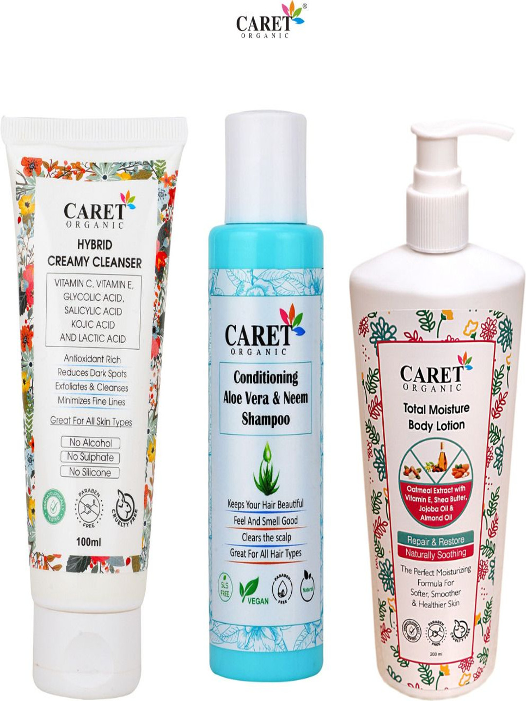 

CARET ORGANIC Set Of 3 Creamy Cleanser- 100 ml- Shampoo - 100 ml & Body Lotion - 200 ml, White