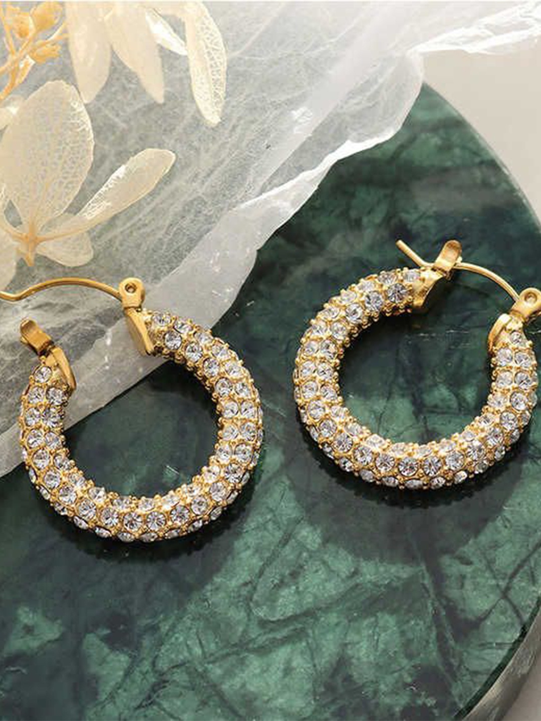 

PALMONAS 18k Gold Plated Crystals Studded Stainless Steel Contemporary Hoop Earrings