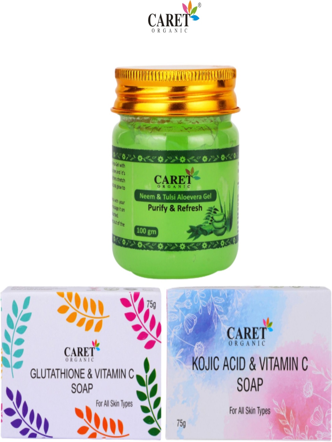 

CARET ORGANIC Set Of 3 Neem & Tulsi Gel & Glutathione Soap & Vitamin C Kojic Soap, Multi