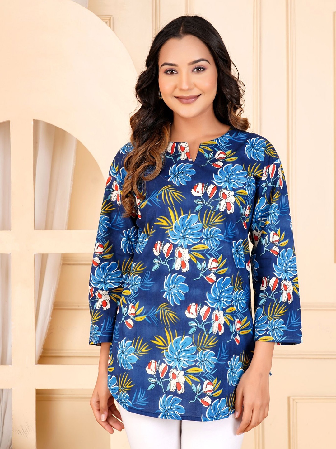 

FebQ Floral Printed Cotton A-Line Top, Blue