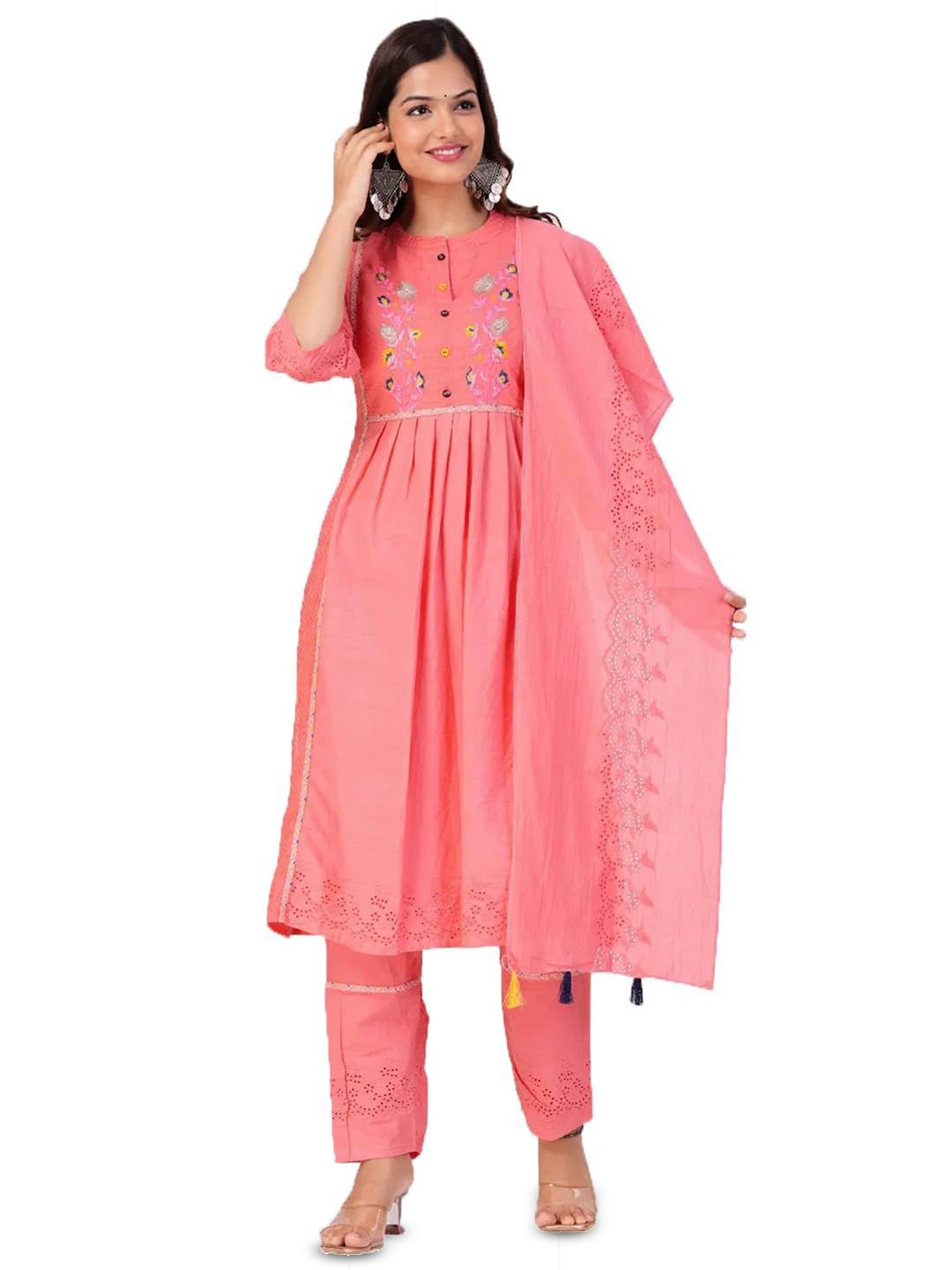 

13-Star Floral Embroidered Pleated Pure Cotton A-Line Kurta With Trousers & Dupatta, Pink