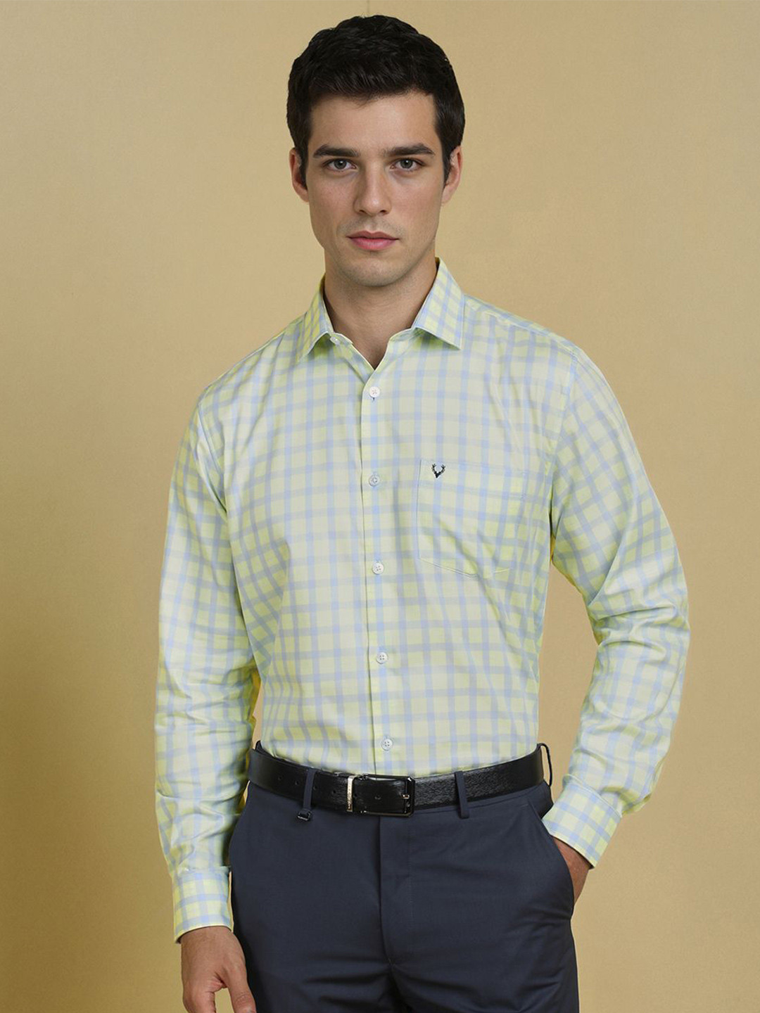 

Allen Solly Men Slim Fit Spread Collar Checked Cotton Formal Shirt, Green