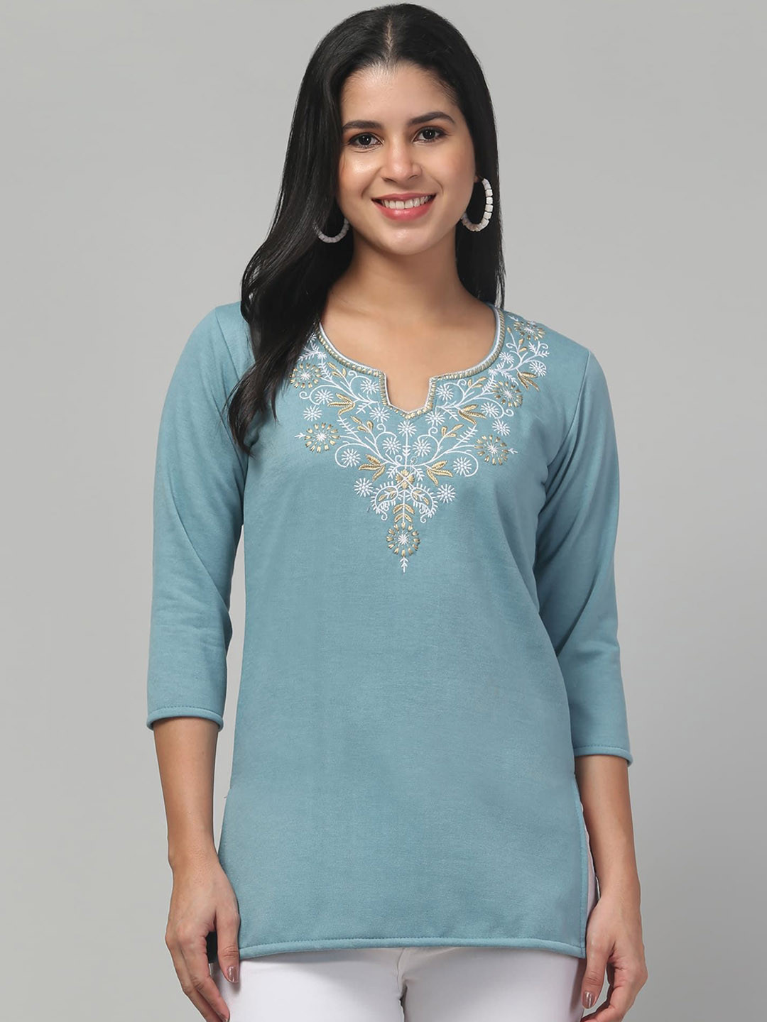 

FAMBEE Women Embroidered Thread Work Woollen Kurta, Turquoise blue