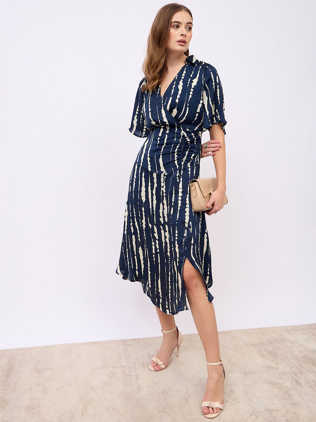 

Styli Women Shirt Collar Wrap A-Line Midi Dress with Slit, Navy blue
