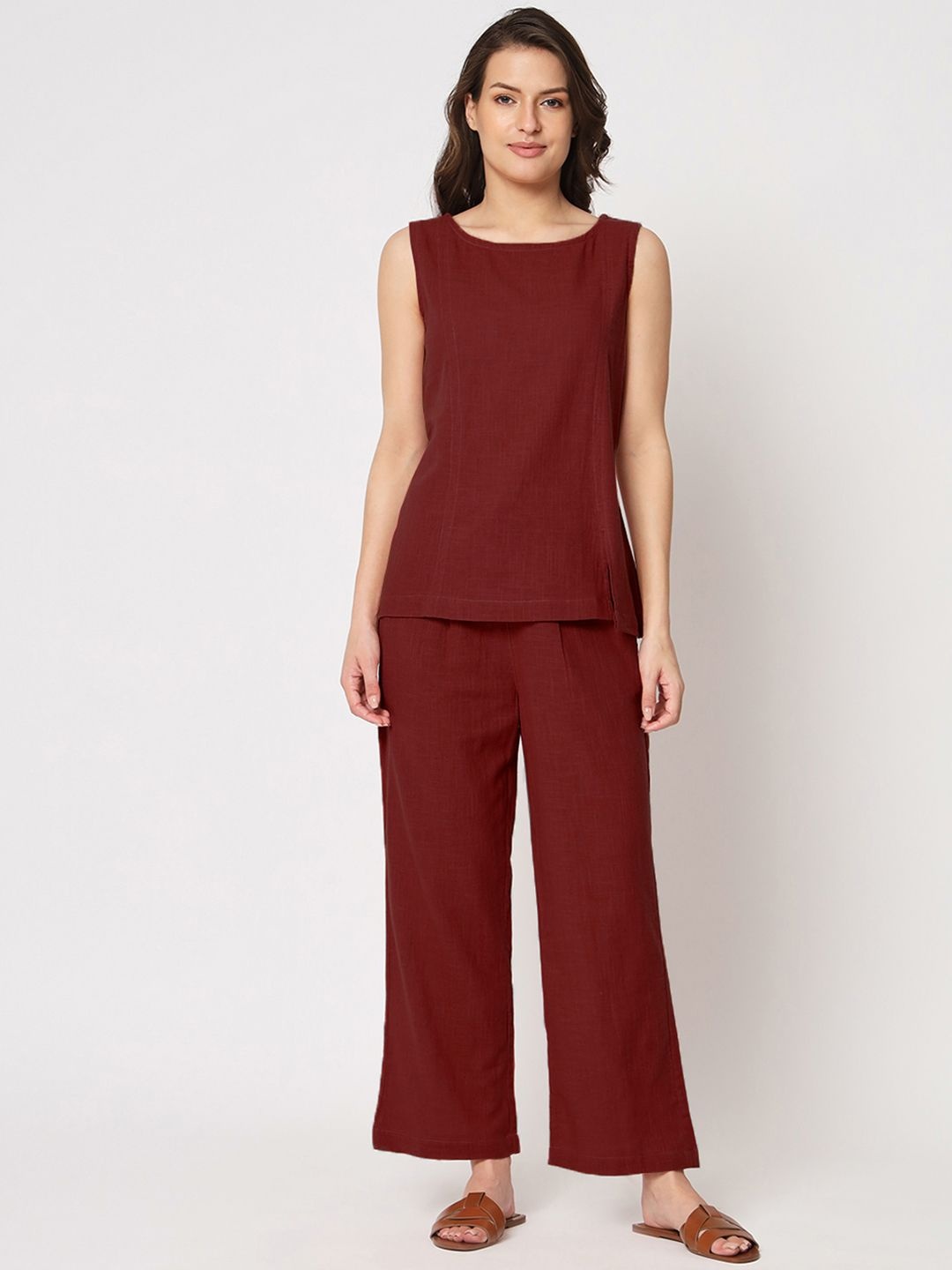 

Thevasa Round Neck Pure Cotton Tunic and Trouser, Red