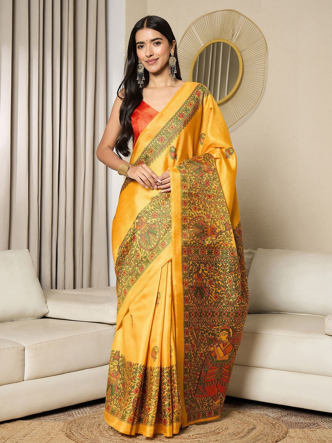 

Saree mall Ethnic Motifs Printed Ready to Wear Khadi Sarees, Mustard