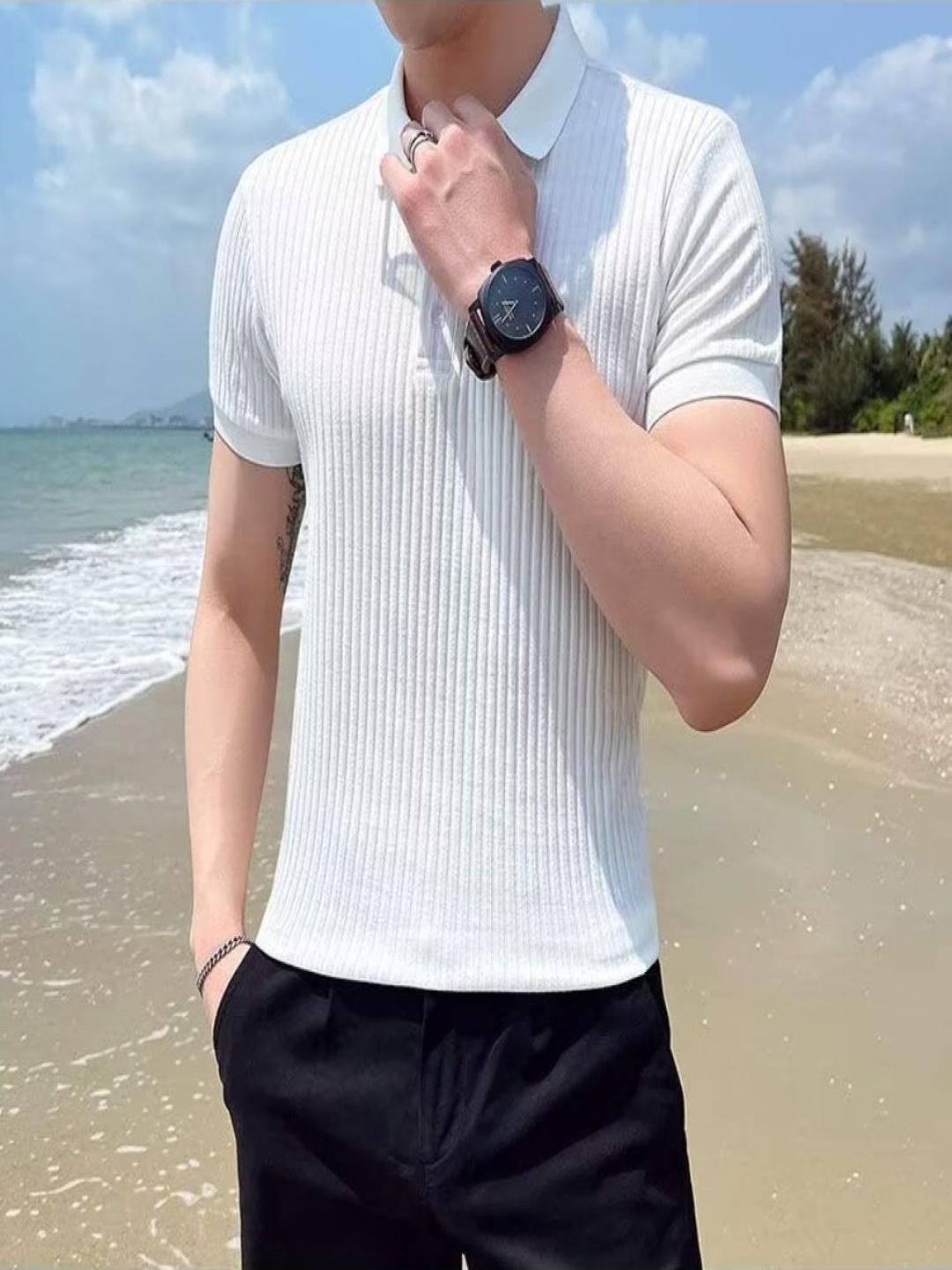 

StyleCast Men Self Design Polo Collar Silk T-shirt, White