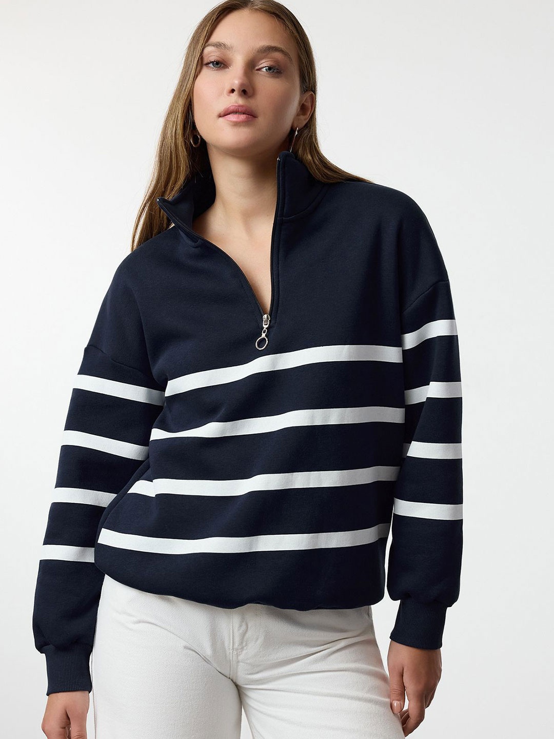 

Trendyol Women Striped Pullover Sweatshirt, Navy blue