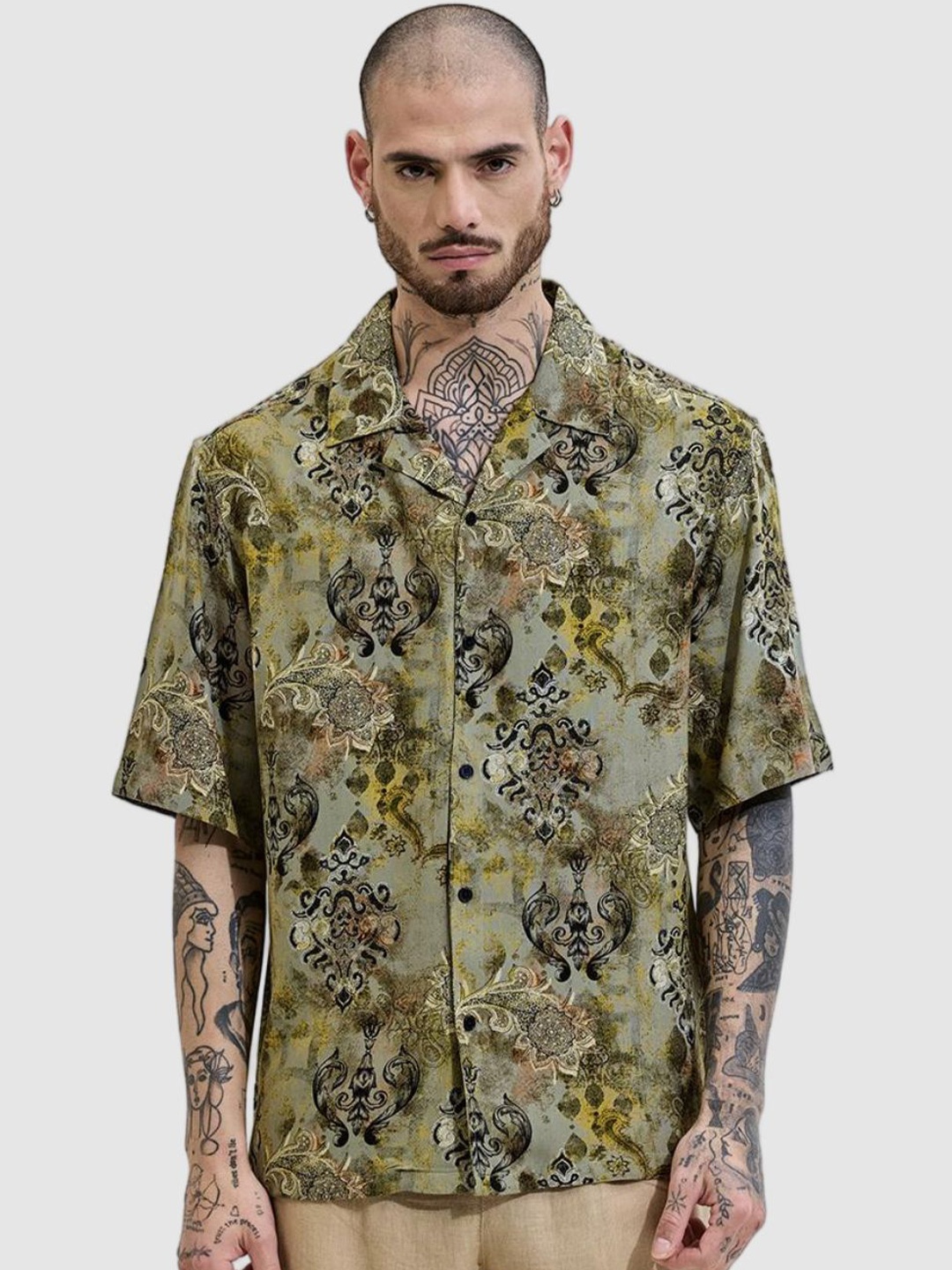 

Snitch Men Relaxed Oversized Fit Cuban Collar Ethnic Motifs Printed Casual Shirt, Olive