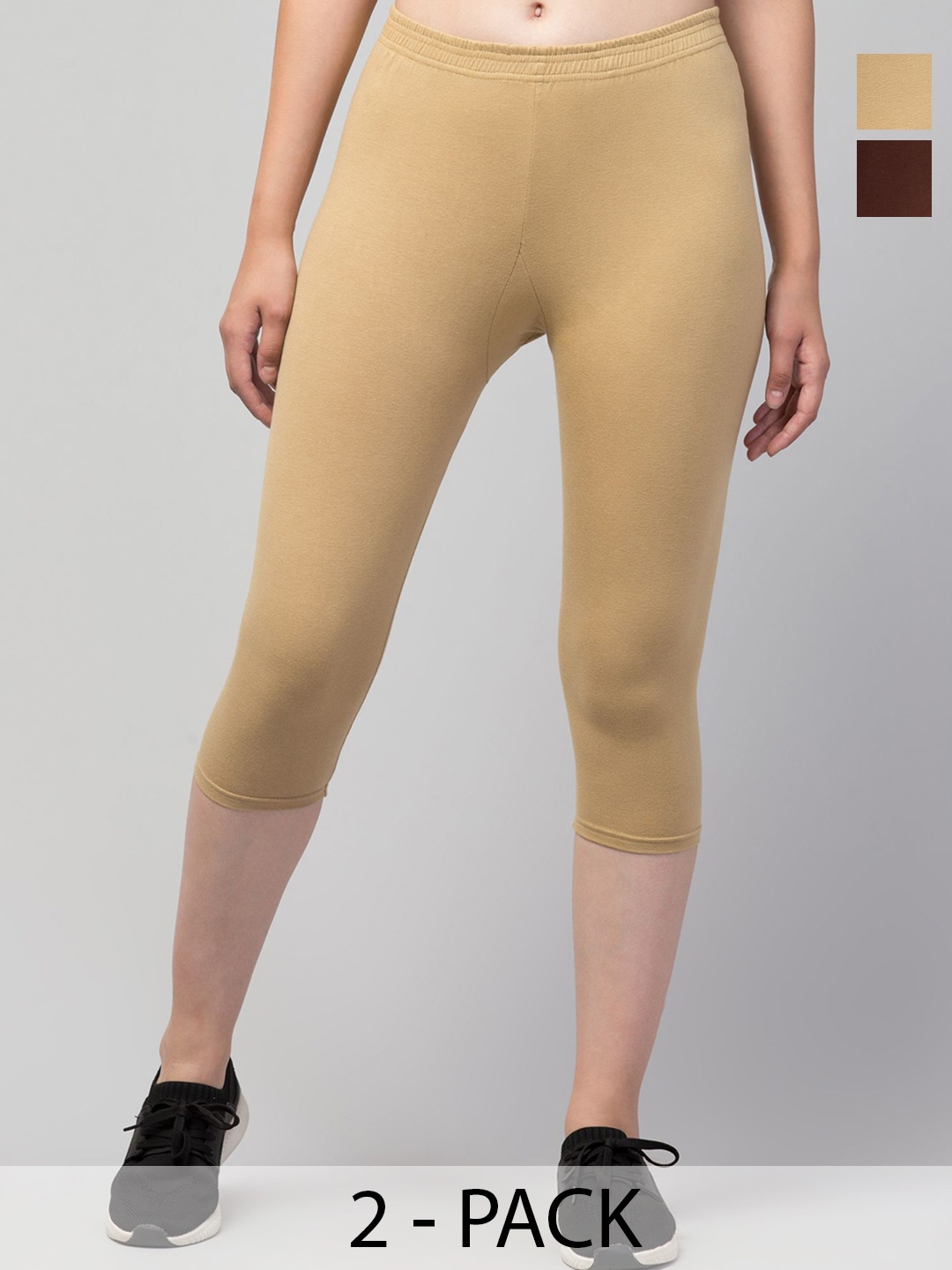 

CKARFE Women Pack of 2 Skinny Fit Mid-Rise Capris, Brown