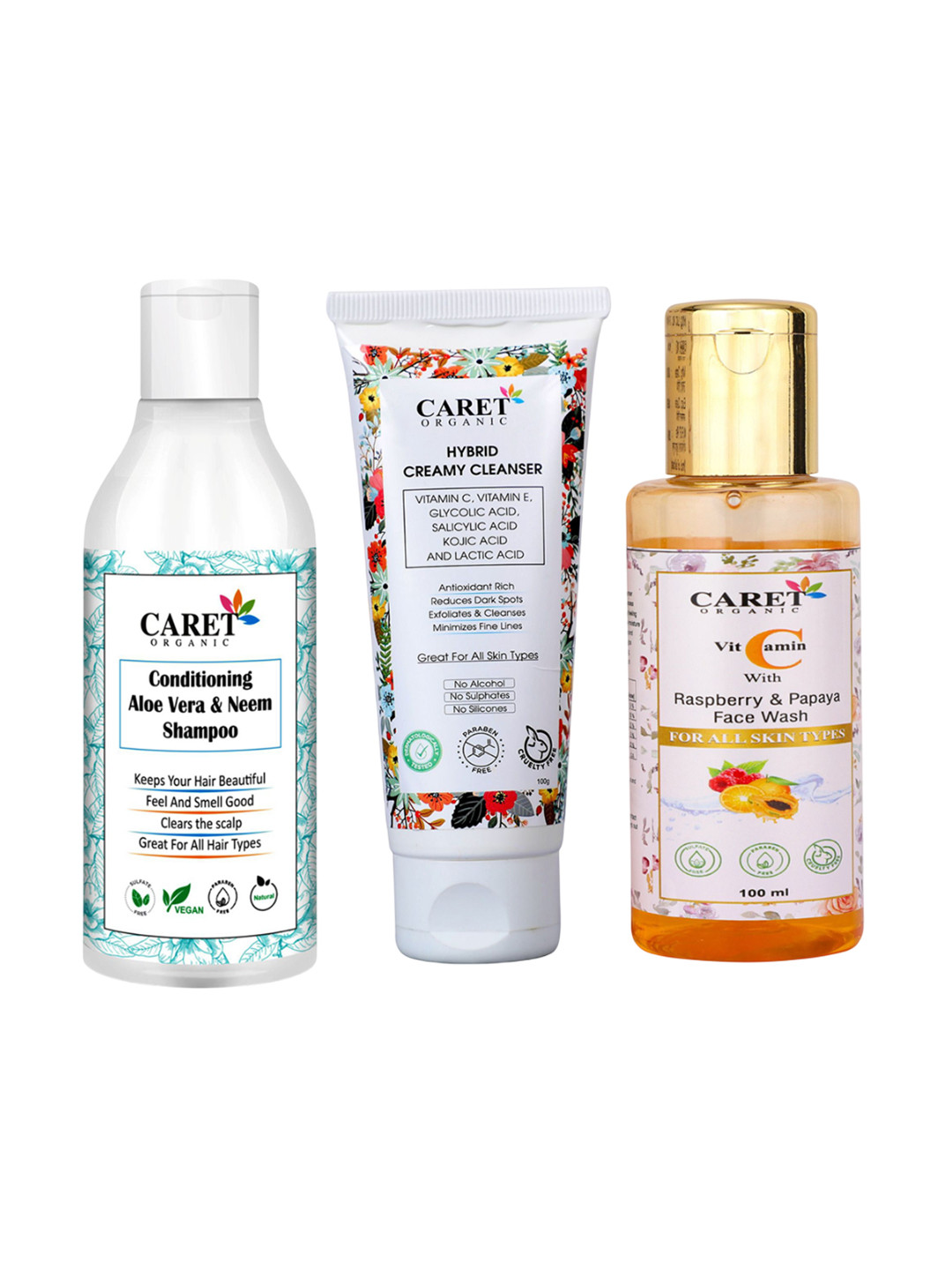 

CARET ORGANIC Set Of 3 Neem Shampoo- 250 ml- Creamy Cleanser- 100 ml & Face Wash- 100 ml, White