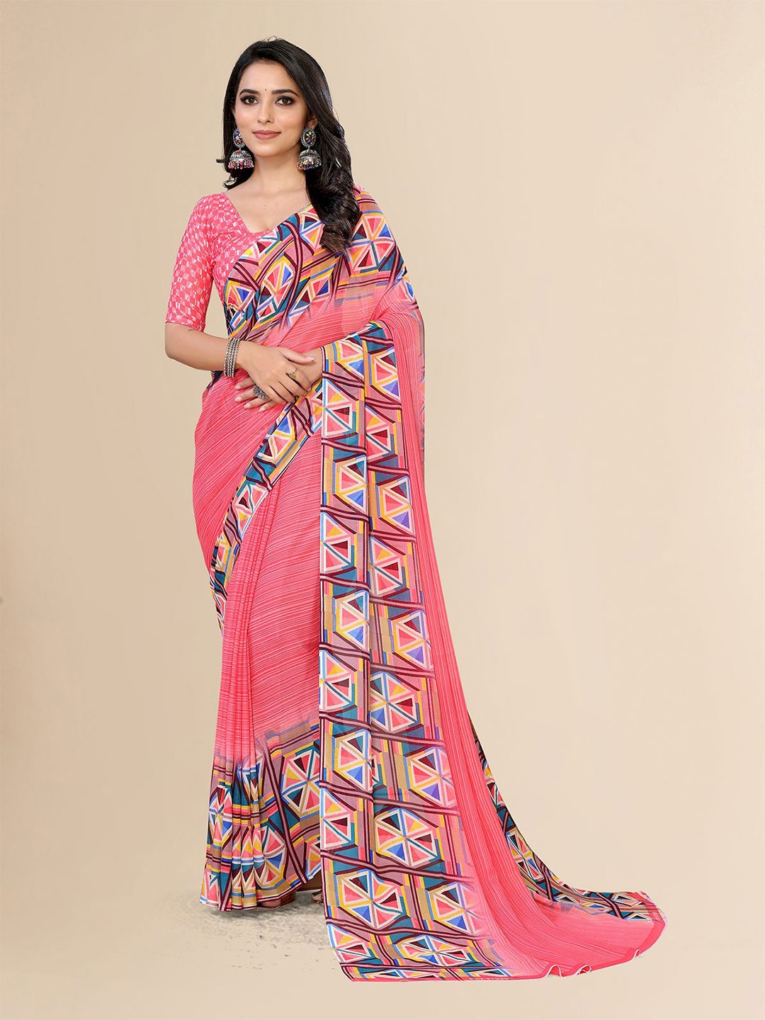 

Moda Rapido Geometric Printed Saree, Pink