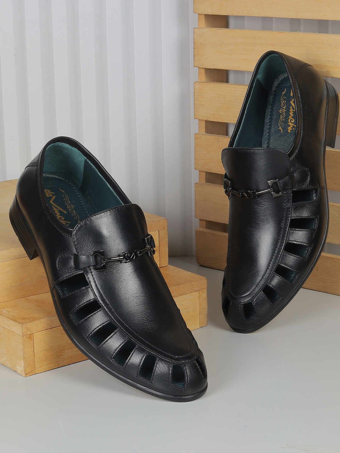 

DAVINCHI Men Leather Round Toe Slip-On Loafers, Black
