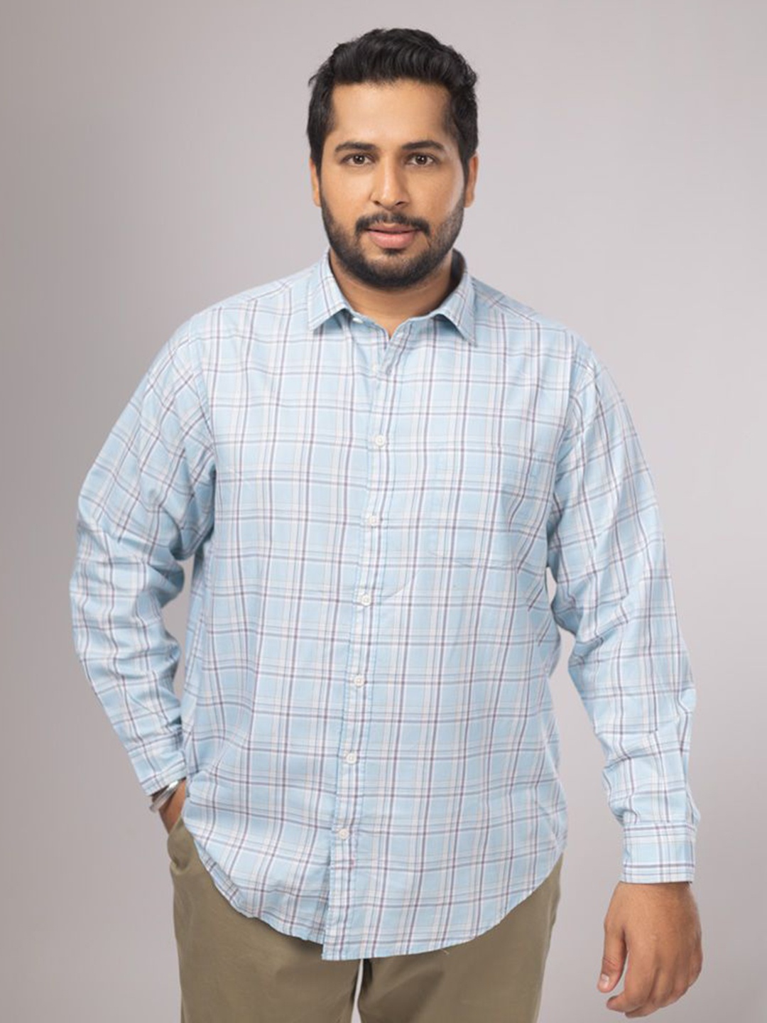 

Sizeupp Men Plus Size Standard Oversized Fit Spread Collar Checked Cotton Casual Shirt, Turquoise blue