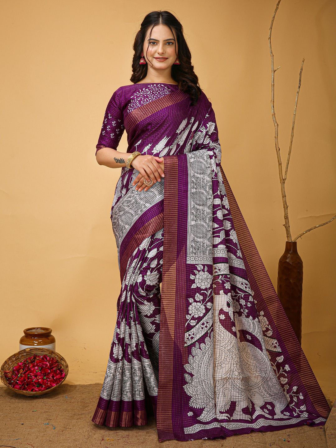 

KALINI Kalamkari Printed Zari Sungudi Saree, Purple