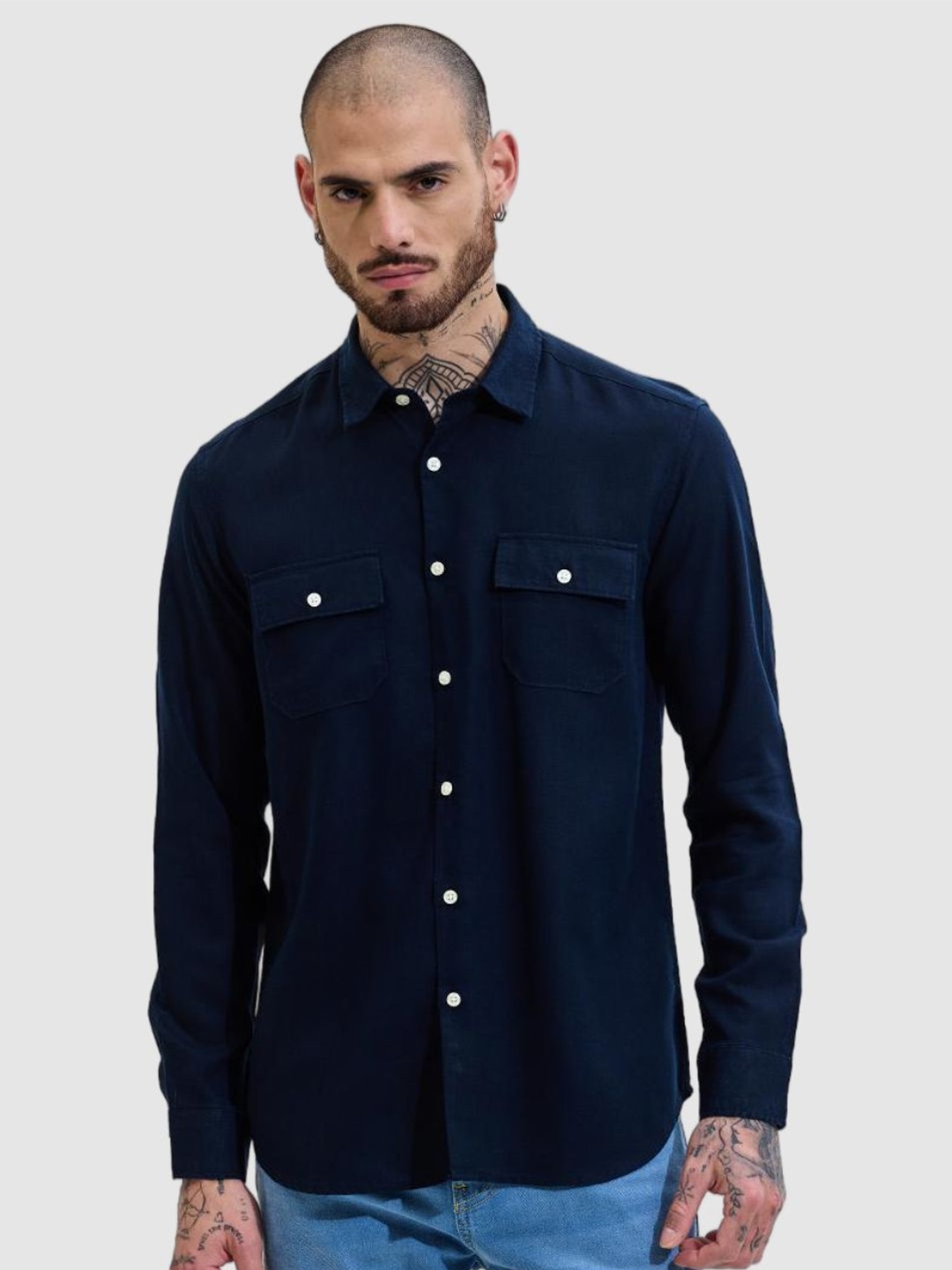 

Snitch Men Classic Fit Spread Collar Solid Linen Casual Shirt, Navy blue