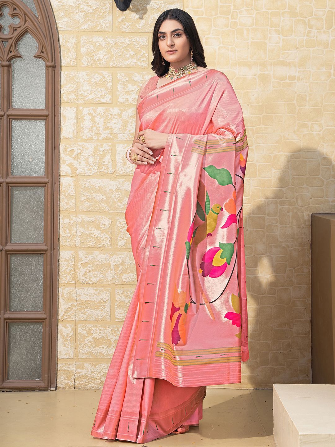 

Satrani Woven Design Zari Paithani Saree, Pink