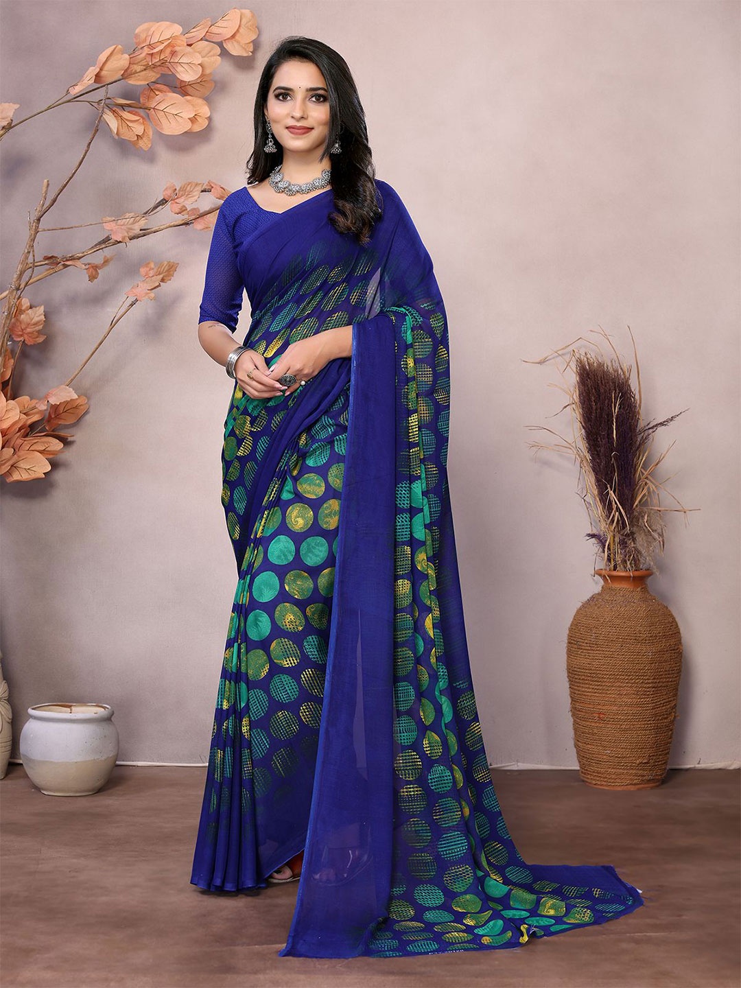

Moda Rapido Women Geometric Printed Saree With Unstiched Blouse Piece, Blue