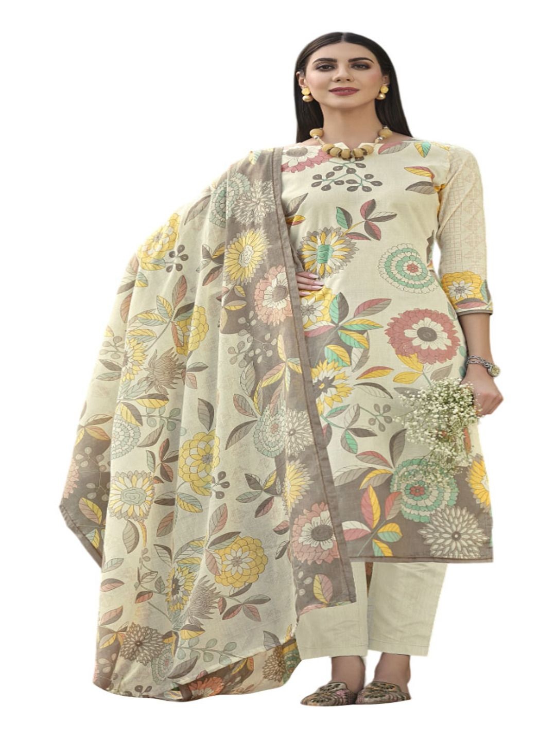 

DRAVINAM Trends Floral Printed Pure Cotton Unstitched Dress Material, Cream