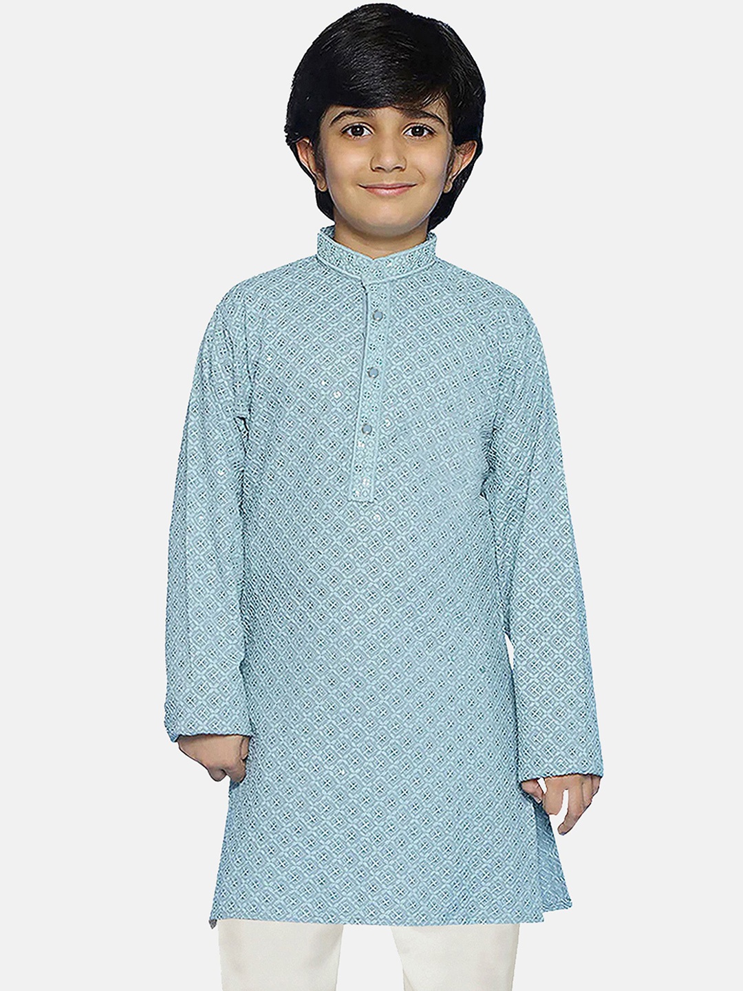 

SG YUVRAJ Boys Geometric Embroidered Mandarin Collar Sequinned Straight Kurta, Blue
