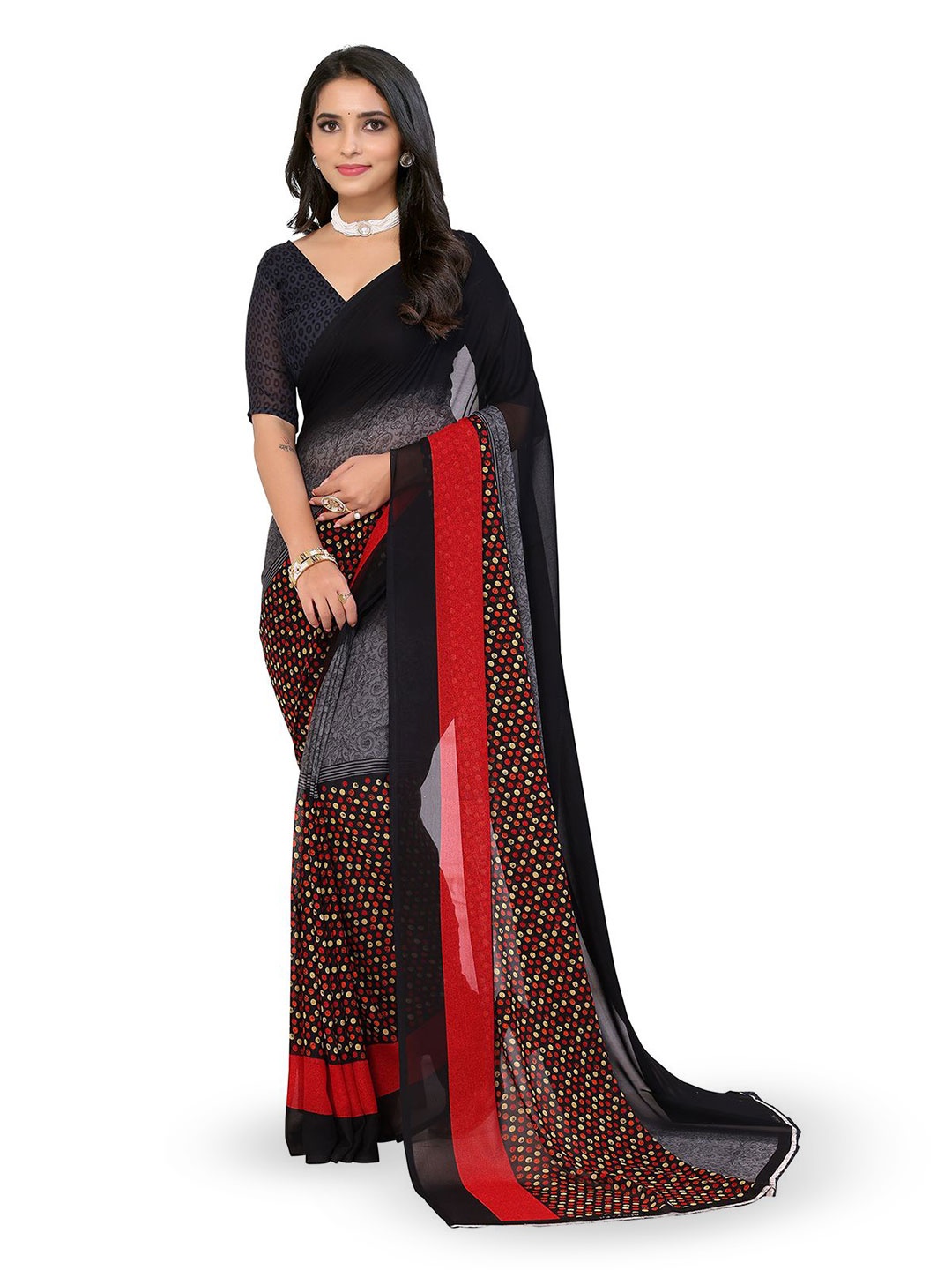 

Moda Rapido Polka Dots Printed Saree With Unstiched Blouse Piece, Black