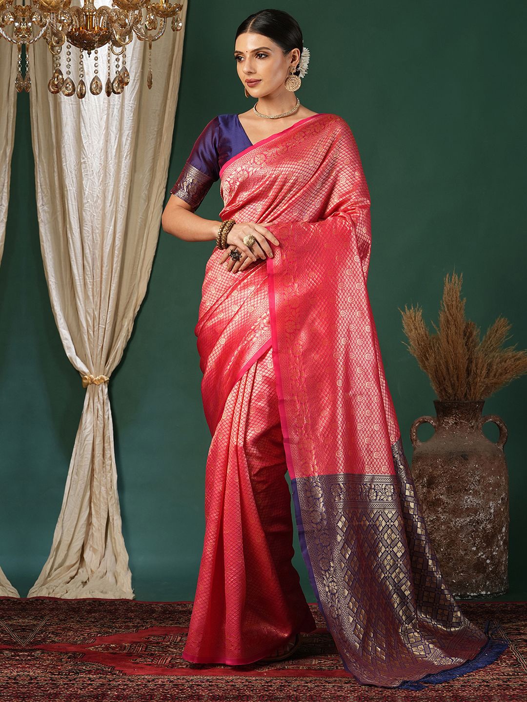 

KALINI Ethnic Motifs Zari Silk Blend Banarasi Saree, Pink