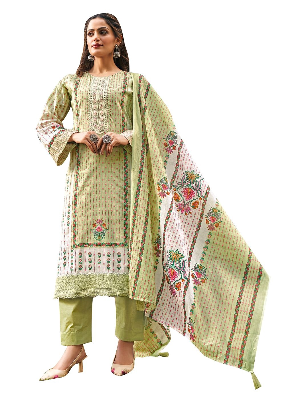 

DRAVINAM Trends Floral Embroidered Pure Cotton Unstitched Dress Material, Green