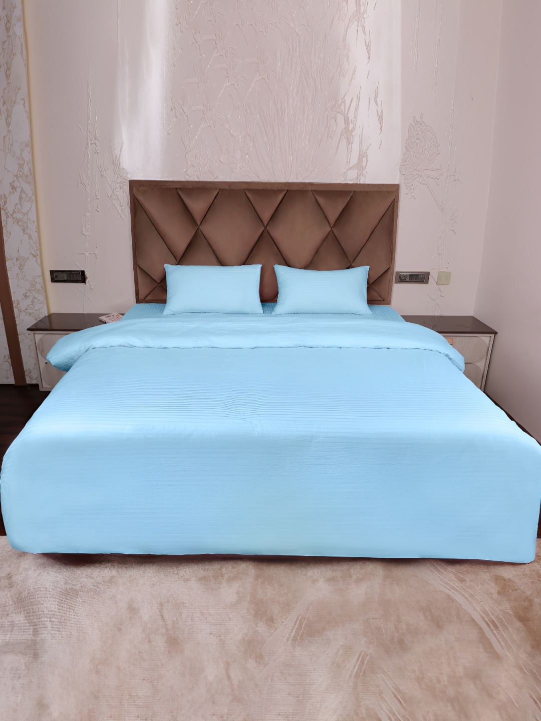 

AJISH Sky-Blue Striped Cotton 310 TC Single Size Duvet Cover With Pillow Cover