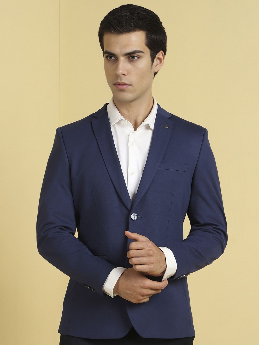 

Allen Solly Self Design Slim-Fit Single-Breasted Formal Blazer, Navy blue