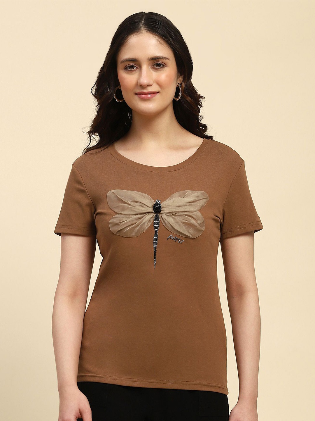 

Global Republic Women Embellished Embroidered Cotton Top, Brown