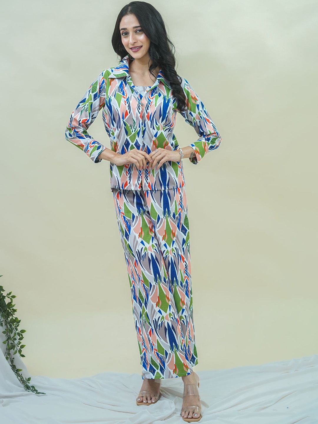 

GO BOUJEE Printed Shirt & Trousers Co-Ords Set, Blue
