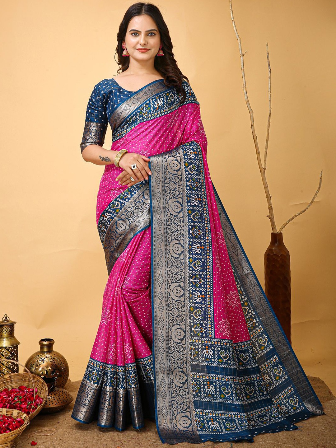 

KALINI Bandhani Zari Printed Patola Saree, Pink