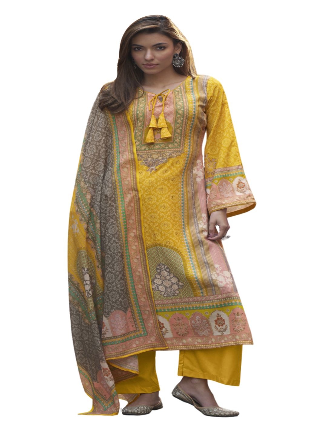 

DRAVINAM Trends Ethnic Motifs Printed Pure Cotton Unstitched Dress Material, Yellow
