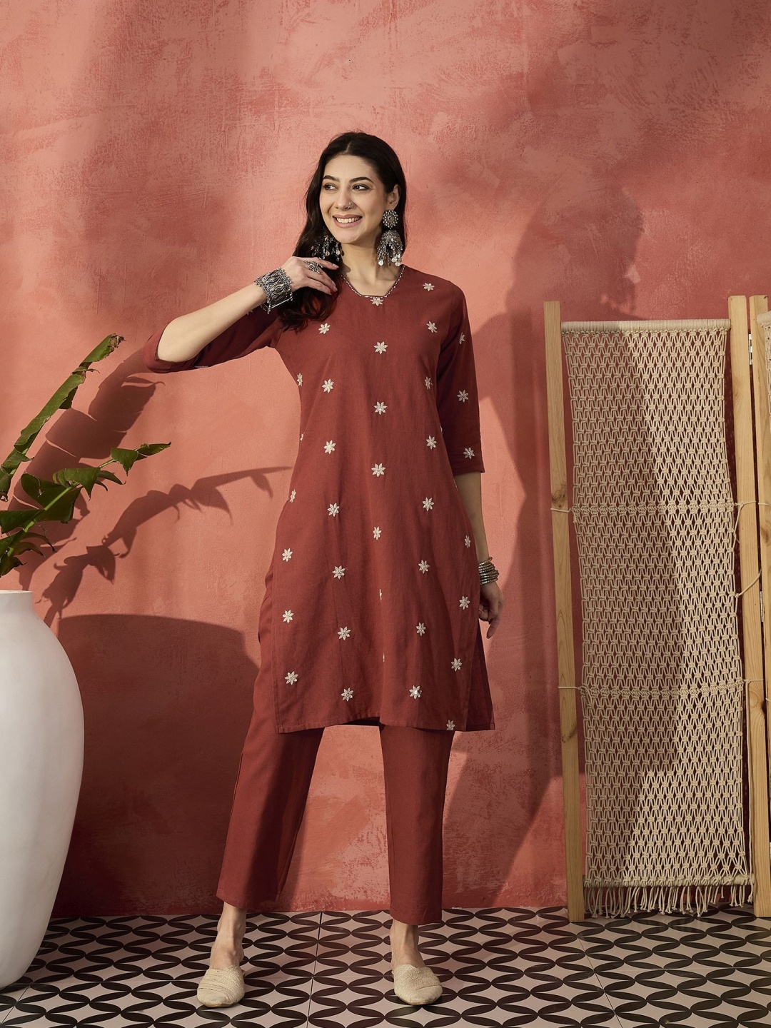 

Sangria Rust Floral Embroidered V-Neck Straight Pure Cotton Kurta With Trousers