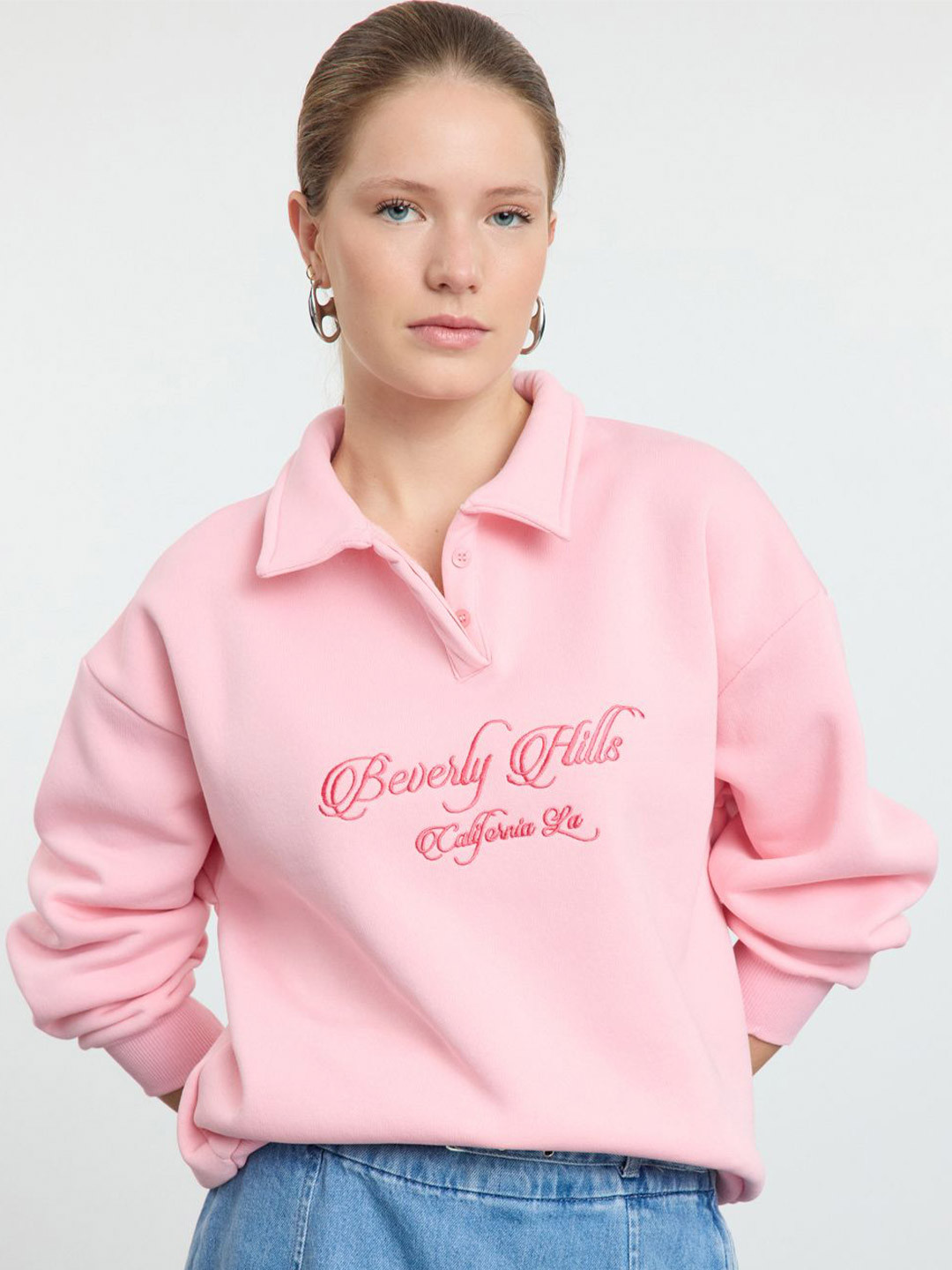 

Trendyol Women Embroidered Shirt Collar Sweatshirt, Pink