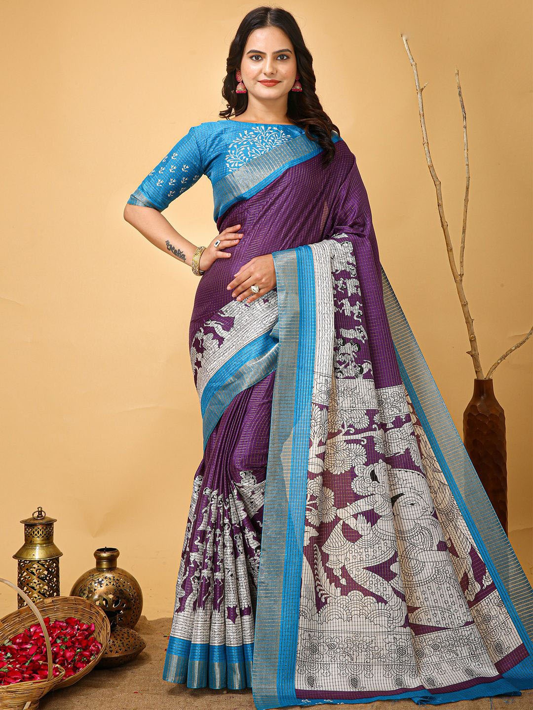 

KALINI Kalamkari Printed Zari Sungudi Saree, Purple