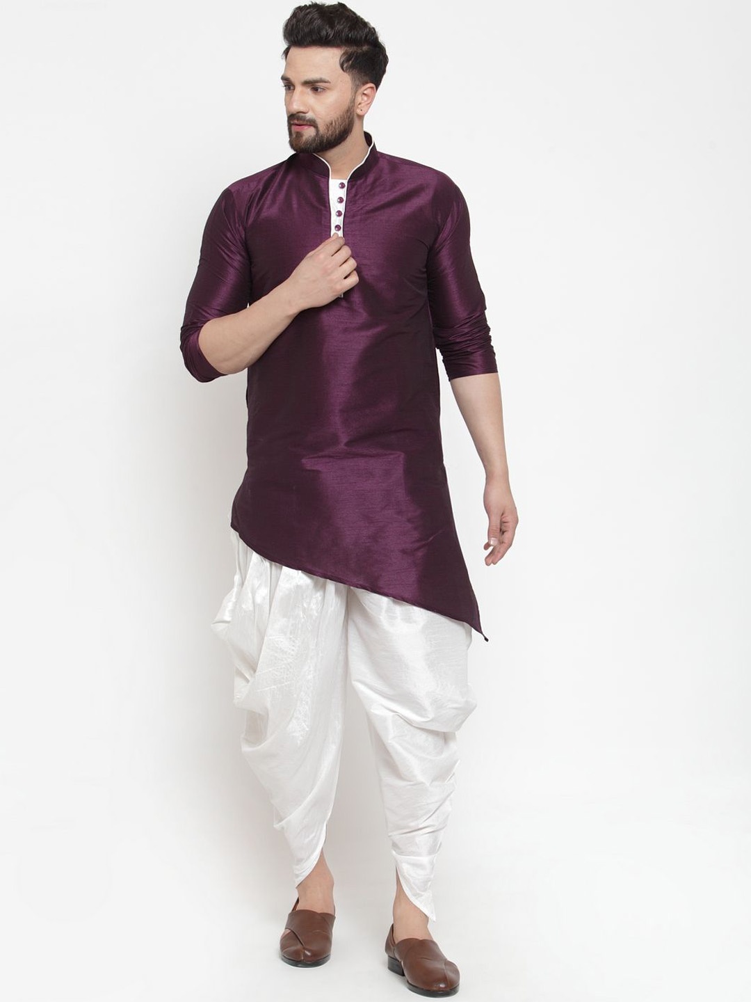 

Kaifoo Mandarin Collar Asymmetric Straight Kurta with Dhoti Pants, Purple