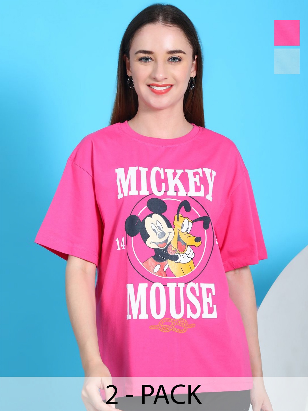 

Dreambe Women Pack Of 2 Mickey Mouse Fusion Graphic Printed Cotton Oversized T-shirts, Turquoise blue