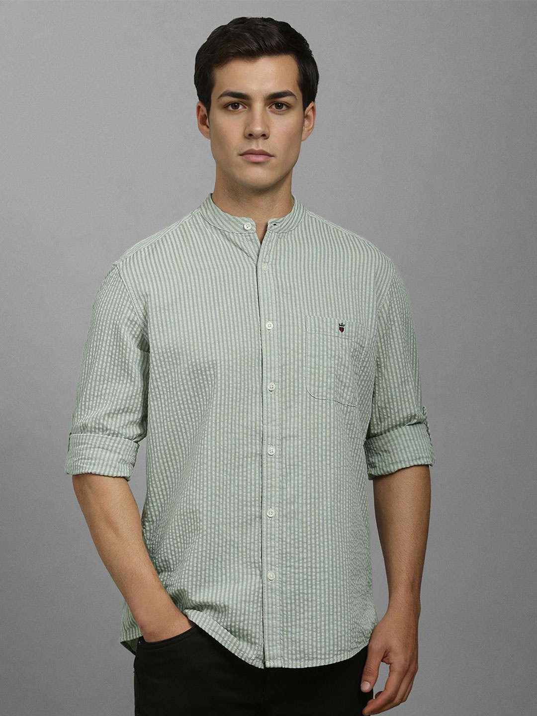 

Louis Philippe Jeans Men Band Collar Vertical Striped Cotton Casual Shirt, Green
