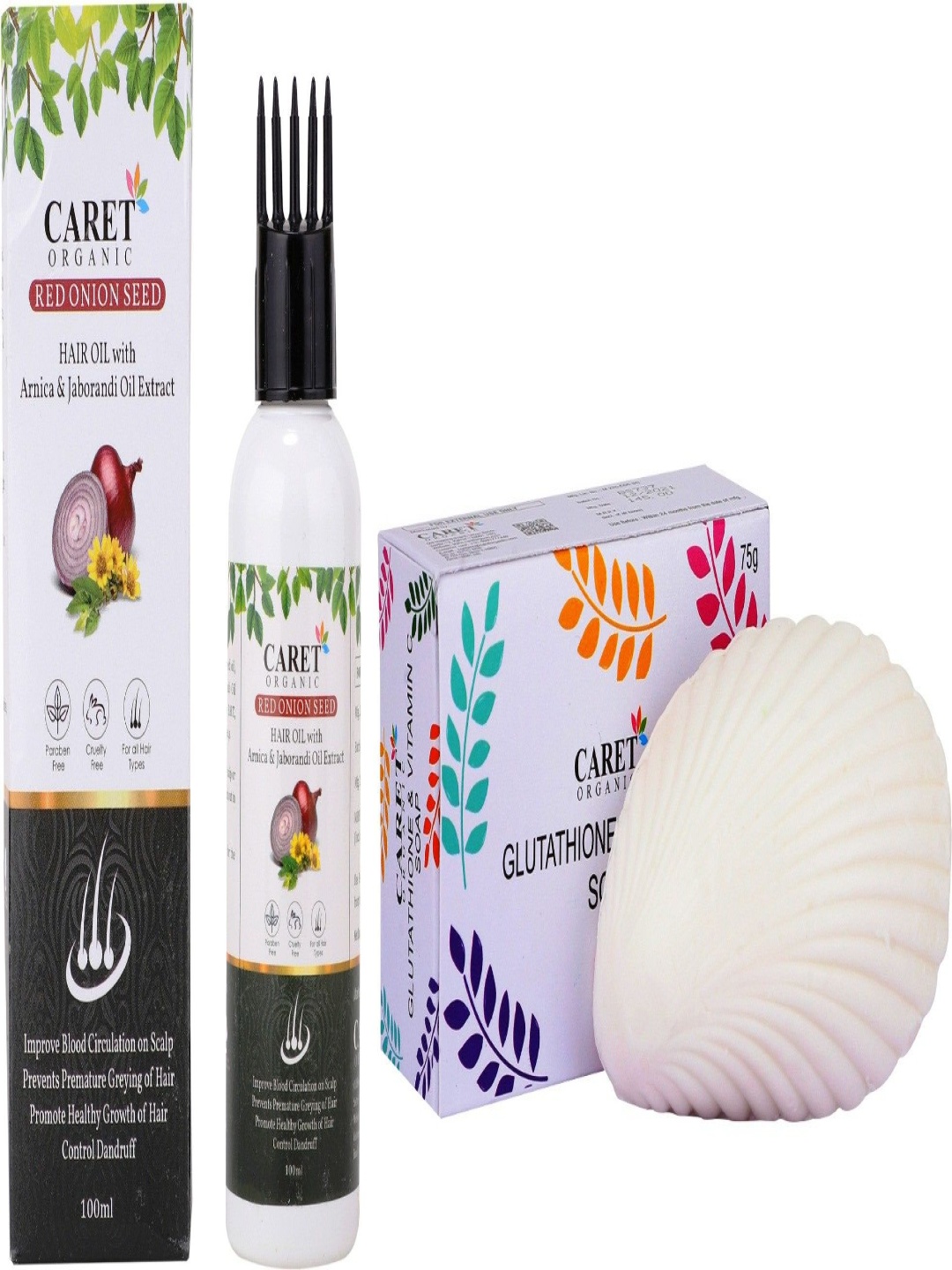 

CARET ORGANIC Set Of 2 Glutathione Soap- 75 g With Red Onion Seed Hair Oil- 100 ml, White