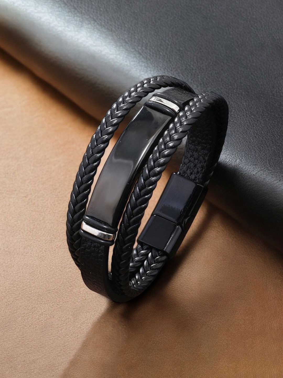 

Designs & You Men Leather Silver-Plated Multi Layered Wraparound Bracelet, Black