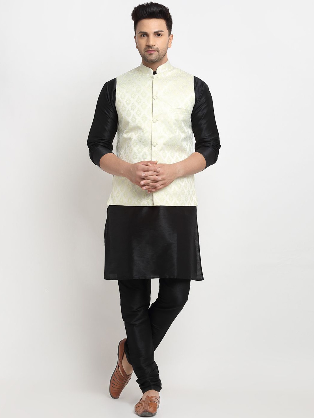 

Kaifoo Mandarin Collar Long Sleeves Straight Kurta with Churidar & Nehru Jacket, Black