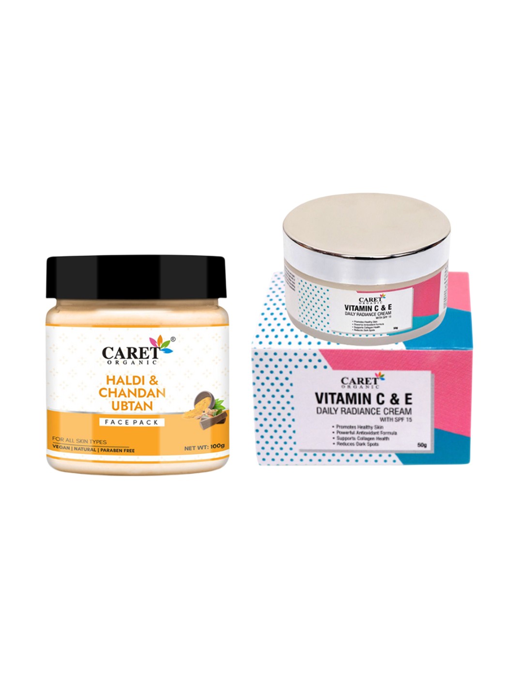 

CARET ORGANIC Set Of 2 Vitamin C & E Cream 50 g With Haldi & Chandan Face Pack 100 g, White