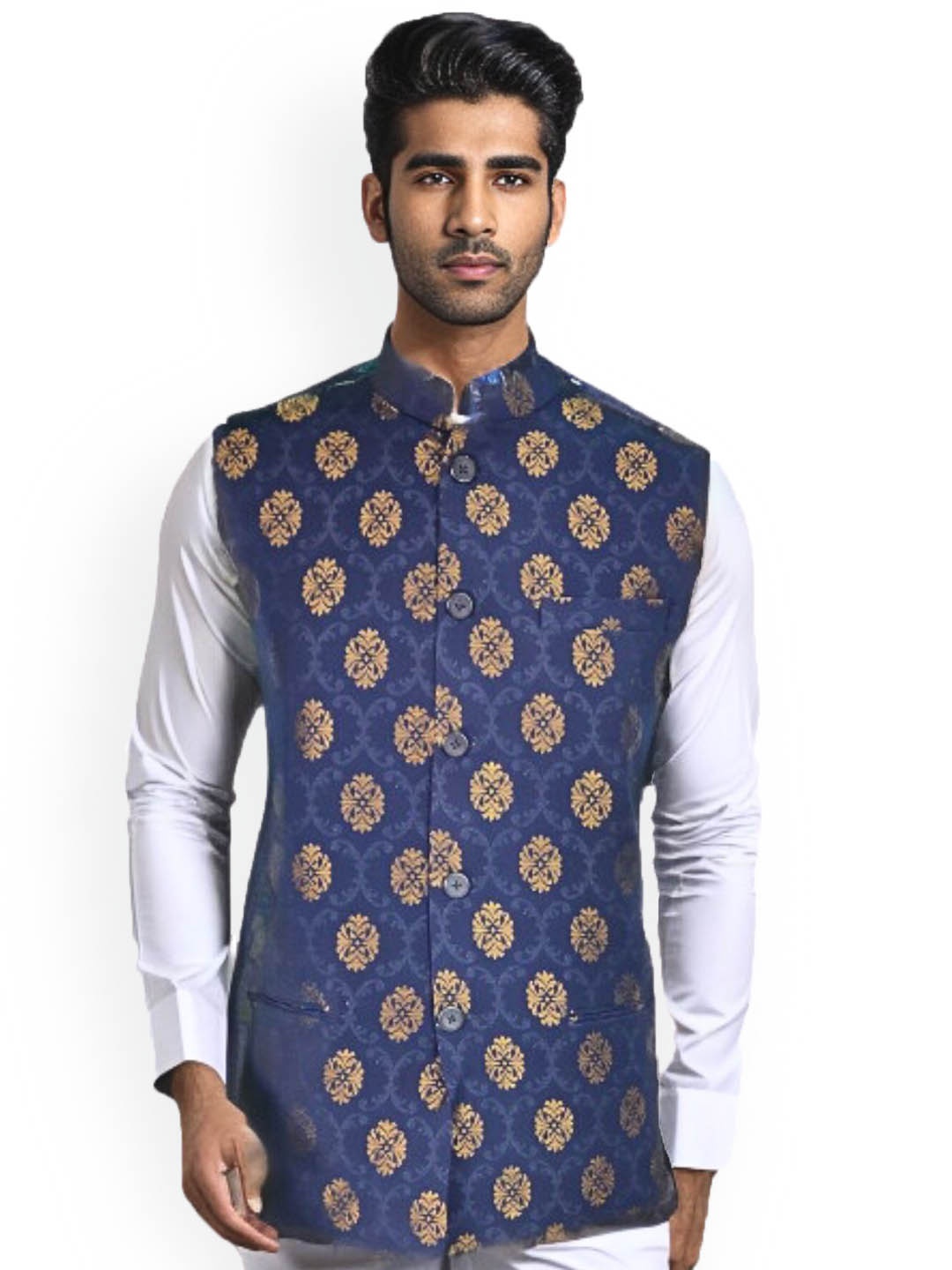 

Blacksmith Woven Design Nehru Jacket, Navy blue