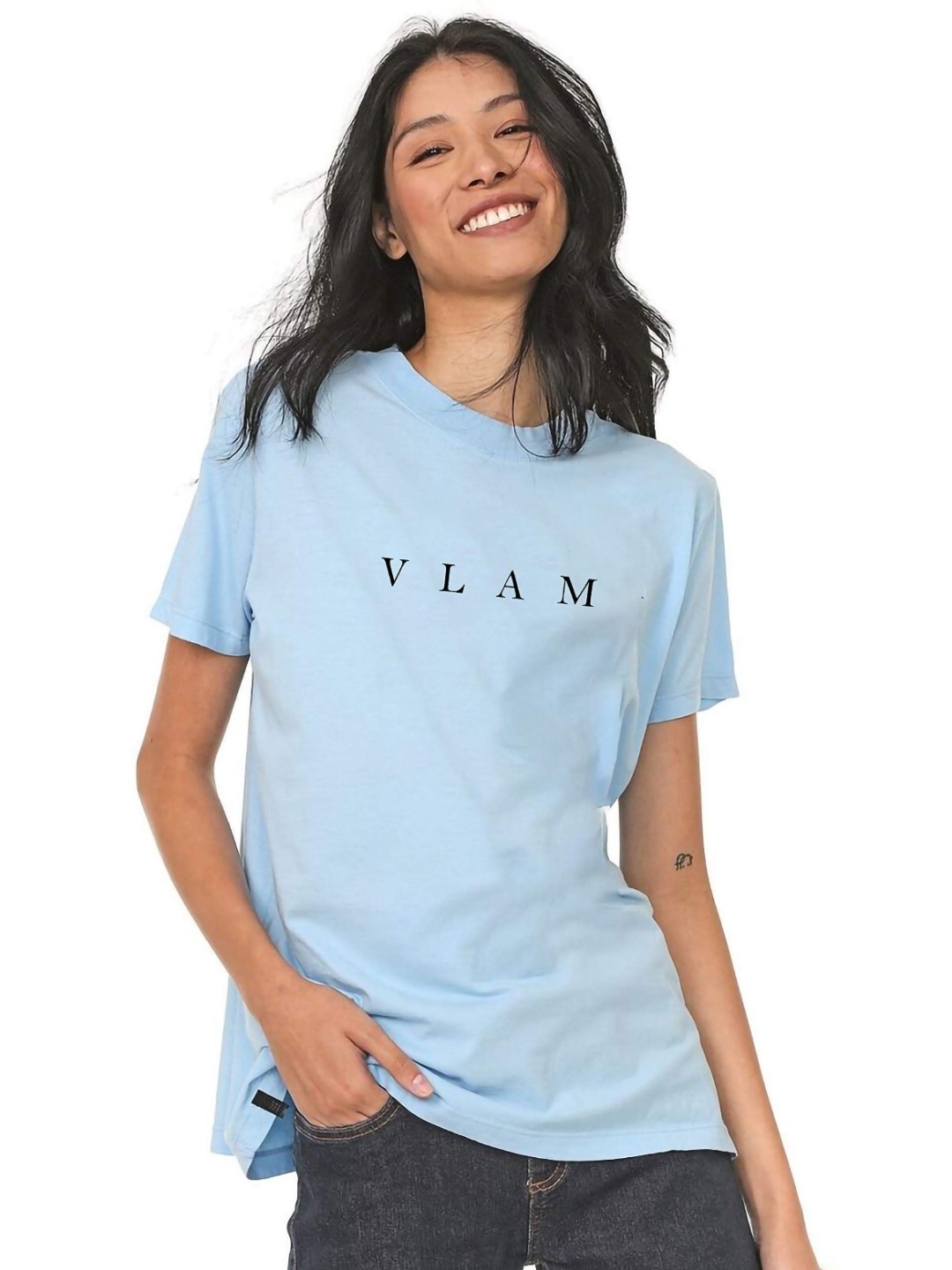 

VLAM Women Printed Raw Edge T-shirt, Blue