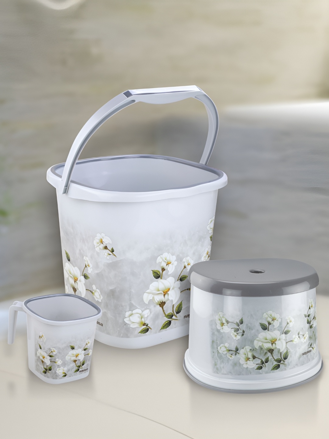 

Nayasa Marble 3 Pcs Grey Bathroom Bucket 18 L & Mug 1.5 L With 508 Stool