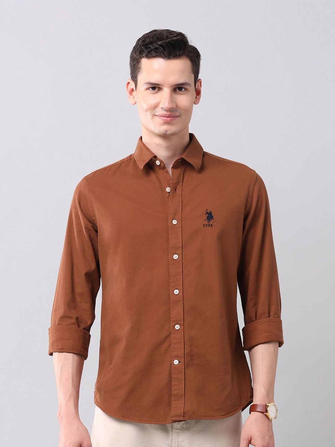 

U.S. Polo Assn. Denim Co. Men Manhattan Slim Fit Spread Collar Solid Cotton Casual Shirt, Rust